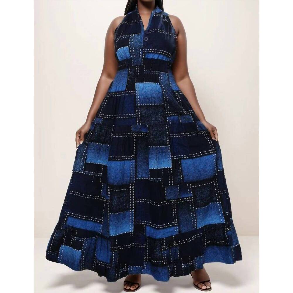 NEW KARA CHIC denim smocked maxi dress in blue
